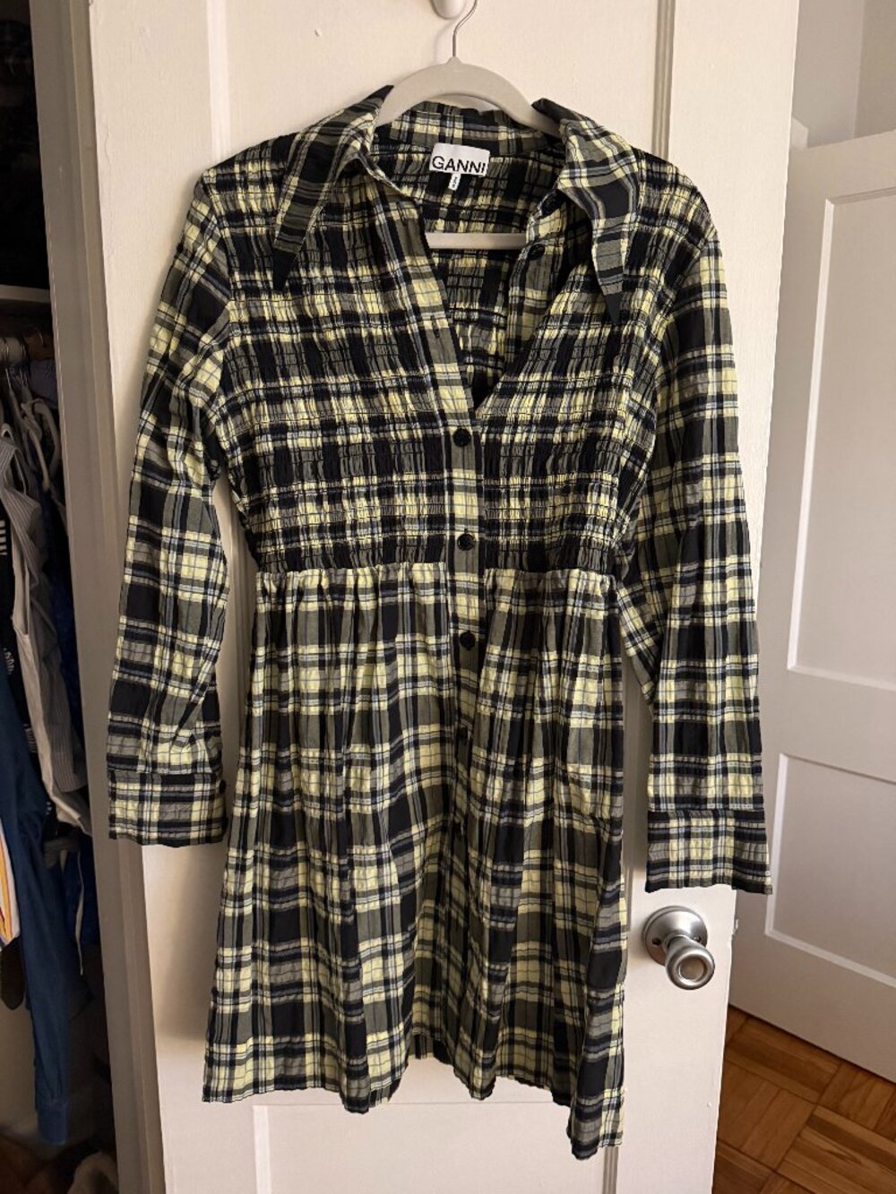 Ganni NWOT Checked Seersucker Mini Shirt Dress